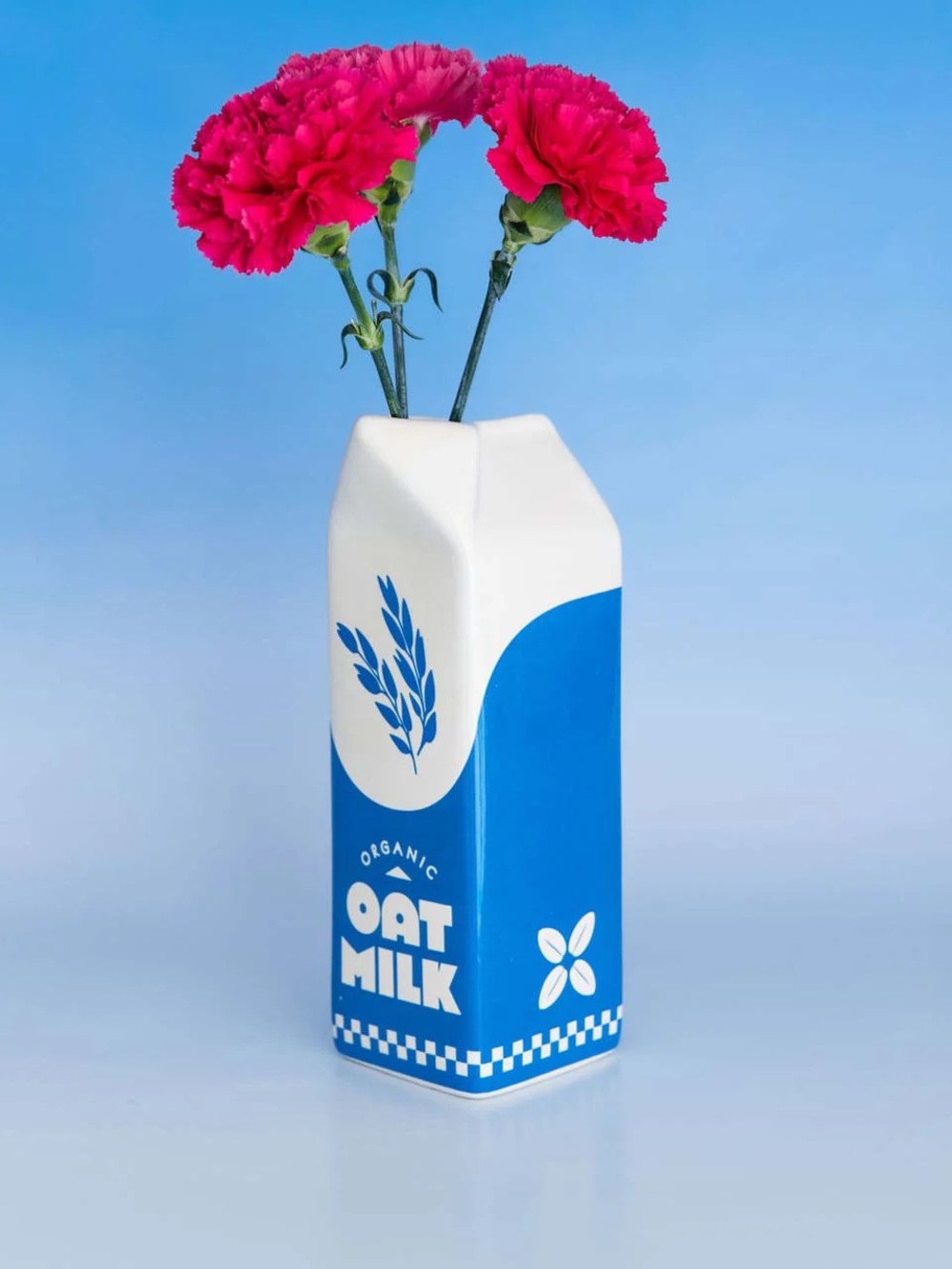 ban.do Blue & White Oat Milk Carton Vase with Pink Blooms